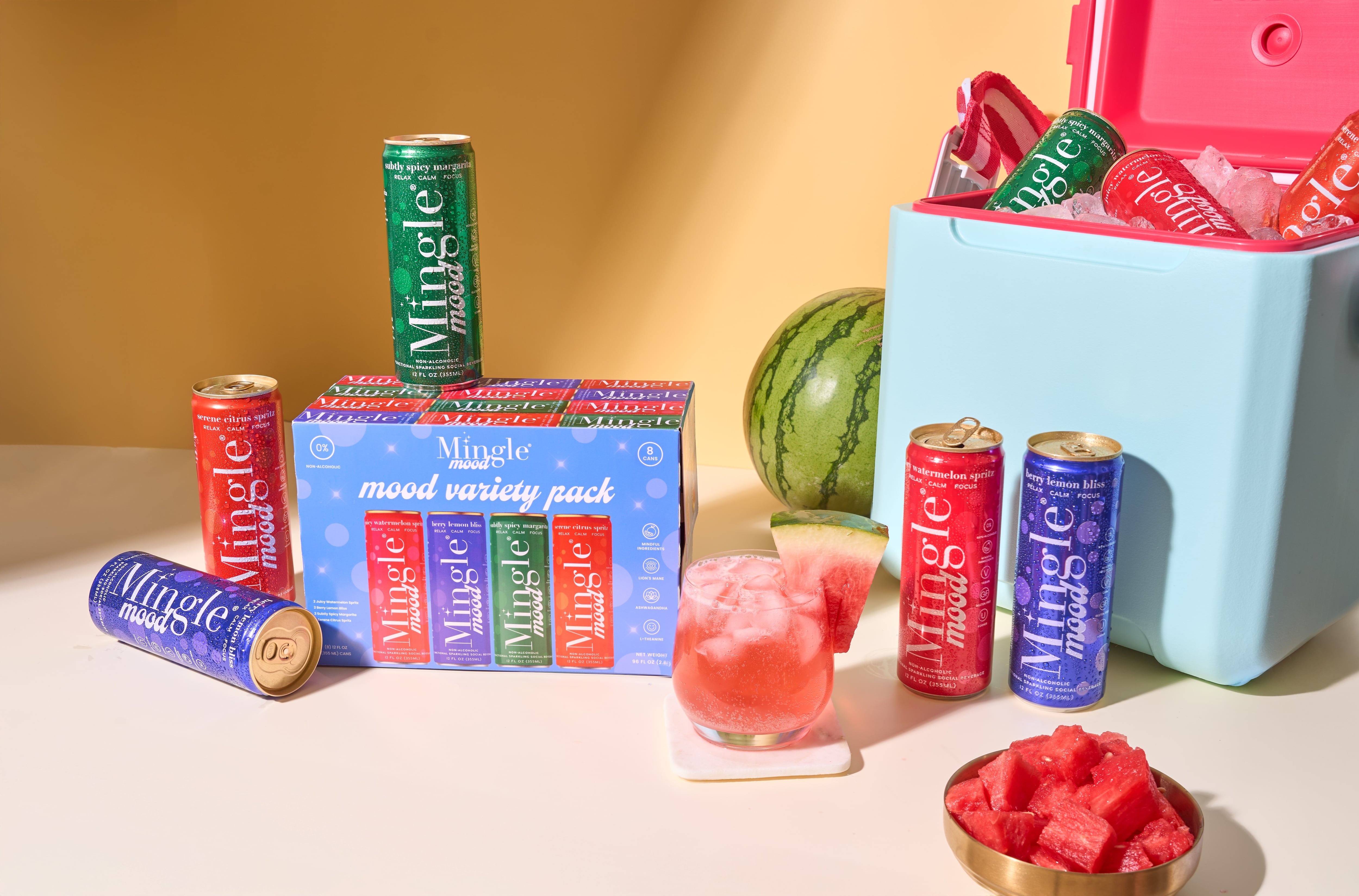 Assorted pack of Mingle Mood alcohol-free functional mocktail cans.