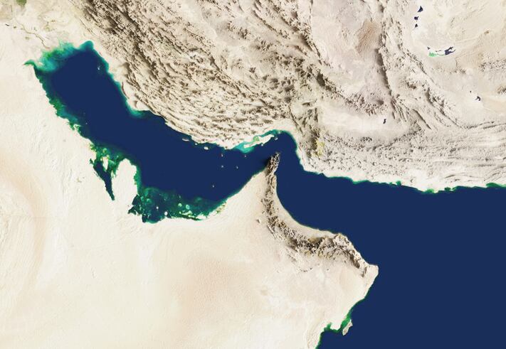 The Strait of Hormuz is an oil transportation route that is currently facing a crisis. 3D rendering of the Strait of Hormuz. Satellite view. Elements of this image furnished by NASA.