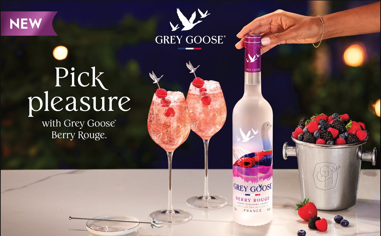 Bottle of GREY GOOSE Berry Rouge flavoured vodka.