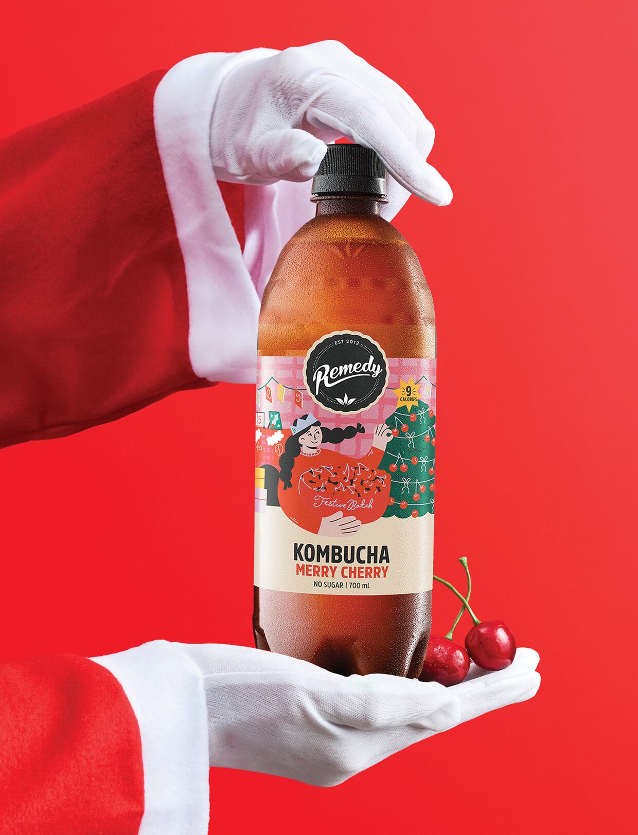Bottle of Remedy Merry Cherry festive kombucha.