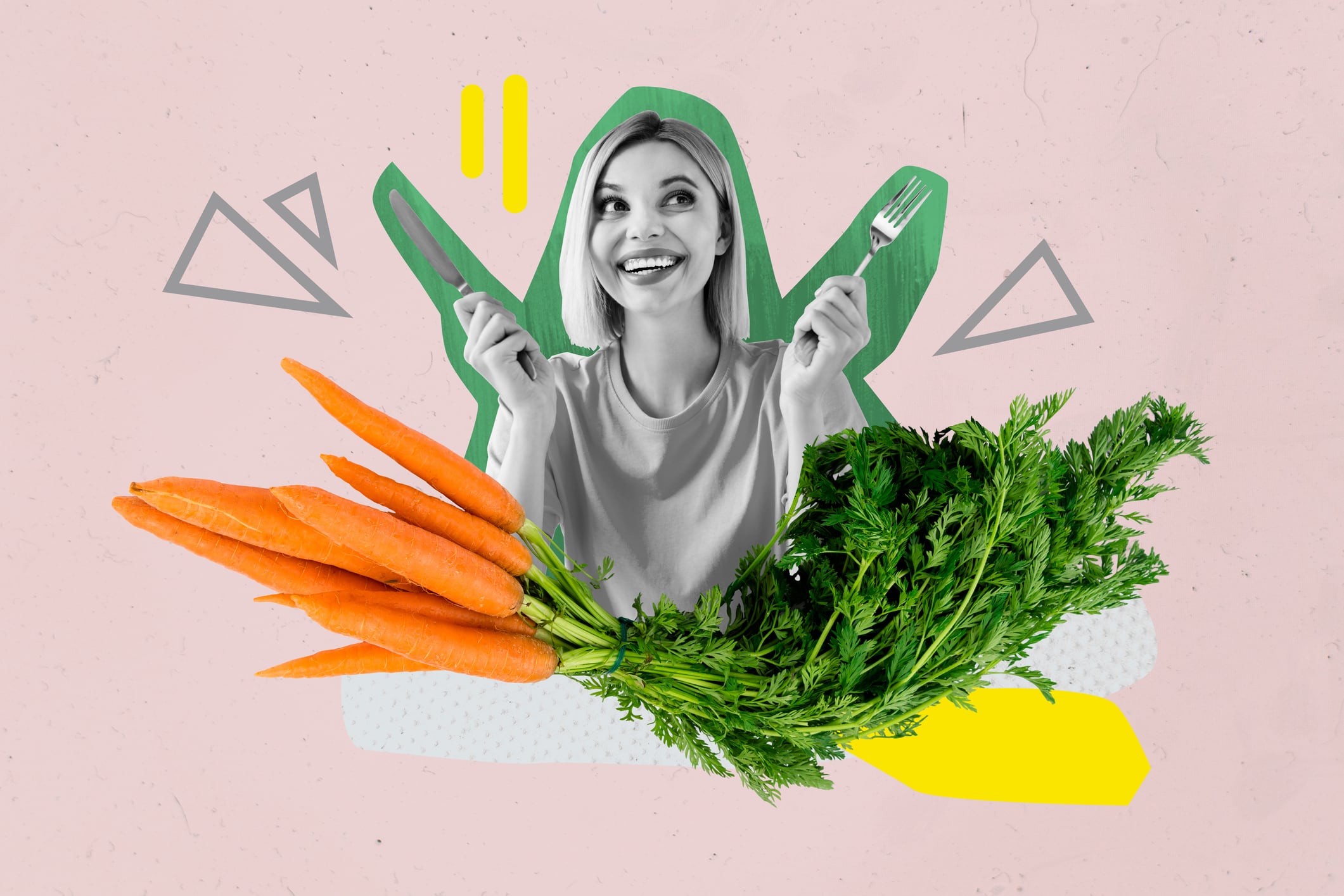 Creative collage image young happy excited hungry woman vegan ready eat bunch carrot harvest fresh vitamins healthy food diet nutrition.