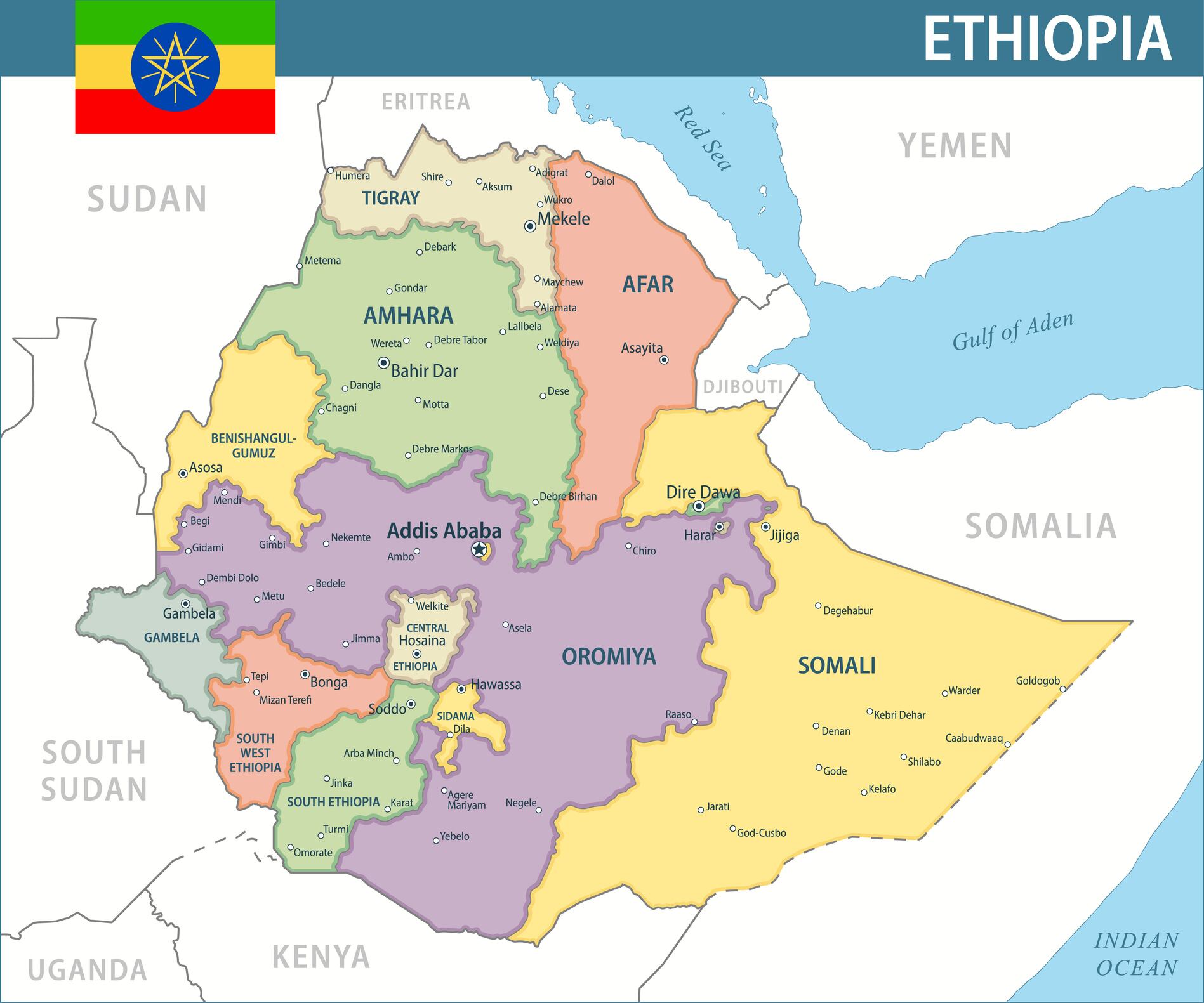 Ethiopia Map Vector New 2024 Colorful - Customizable layered political map of Ethiopia with administrative divisions for website, education, reports, news, politics, print, poster and wallpaper