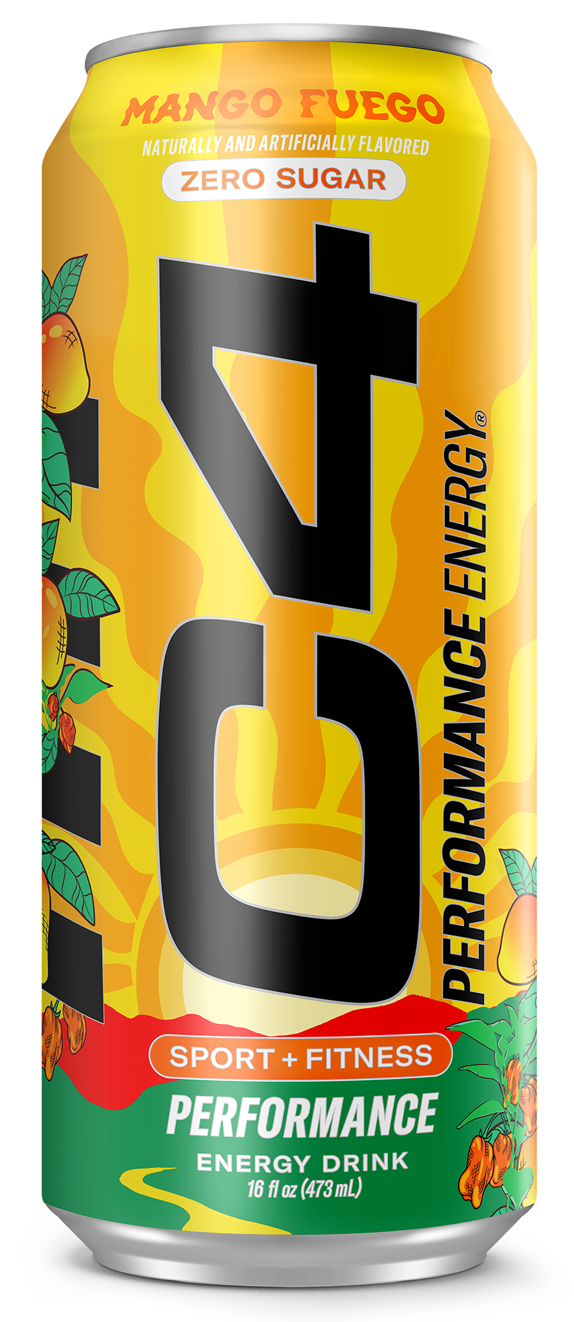 C4 Mango Fuego energy drink can with mango and spicy flavour cues.