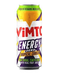 Vimto Energy Tropical Cooler Zero 500 ml cans in plain and price‑marked formats.