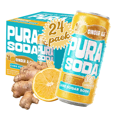 PuraSoda Ginger Ale can showcasing simple ingredients and low calories.