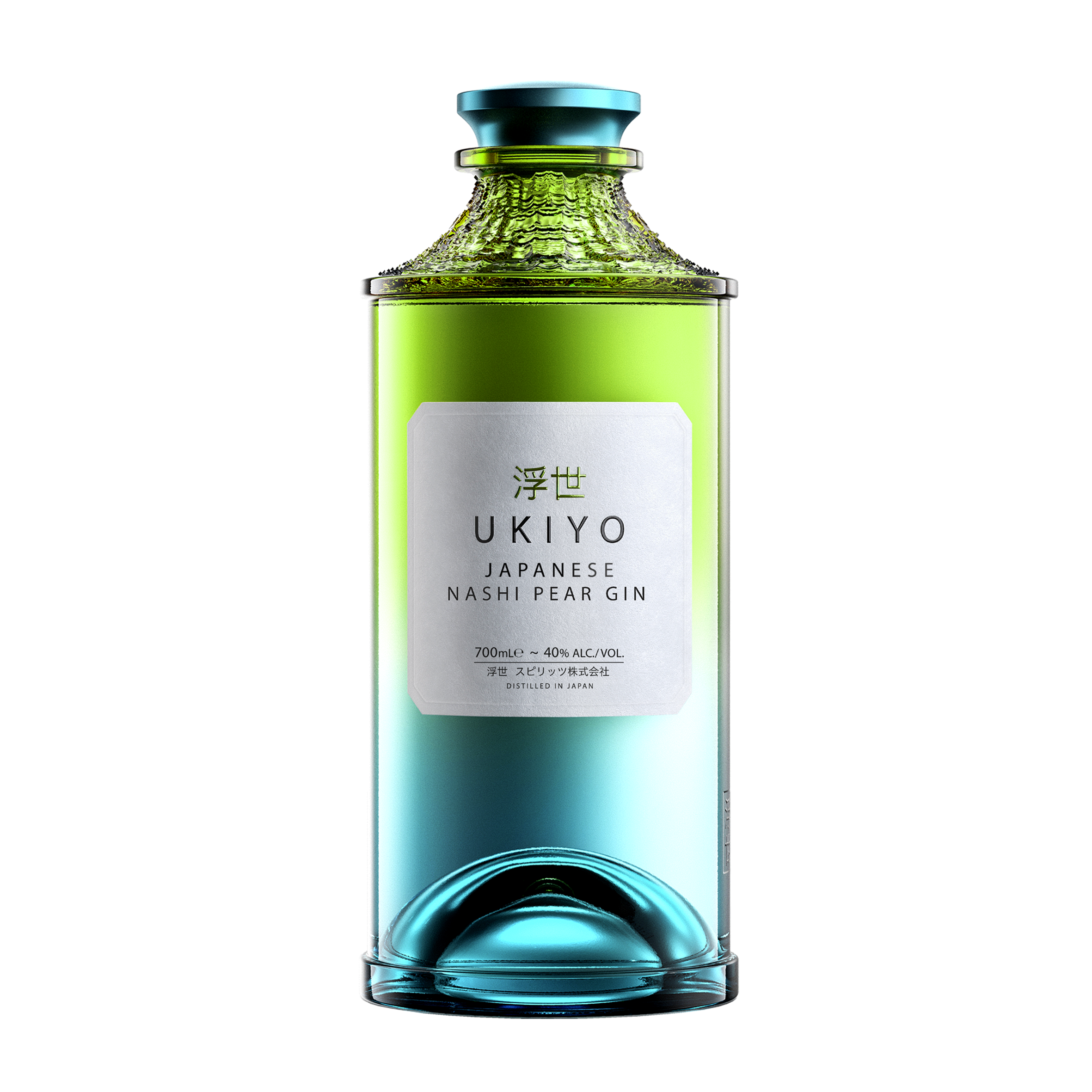 Ukiyo Japanese Nashi Pear Gin bottle with Japanese botanical cues.