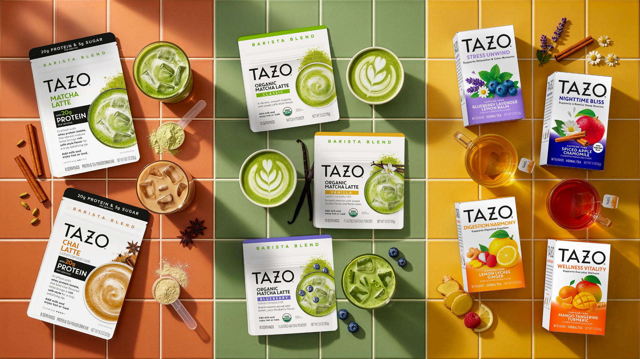 TAZO protein latte powders, matcha latte mixes and herbal tea blends.