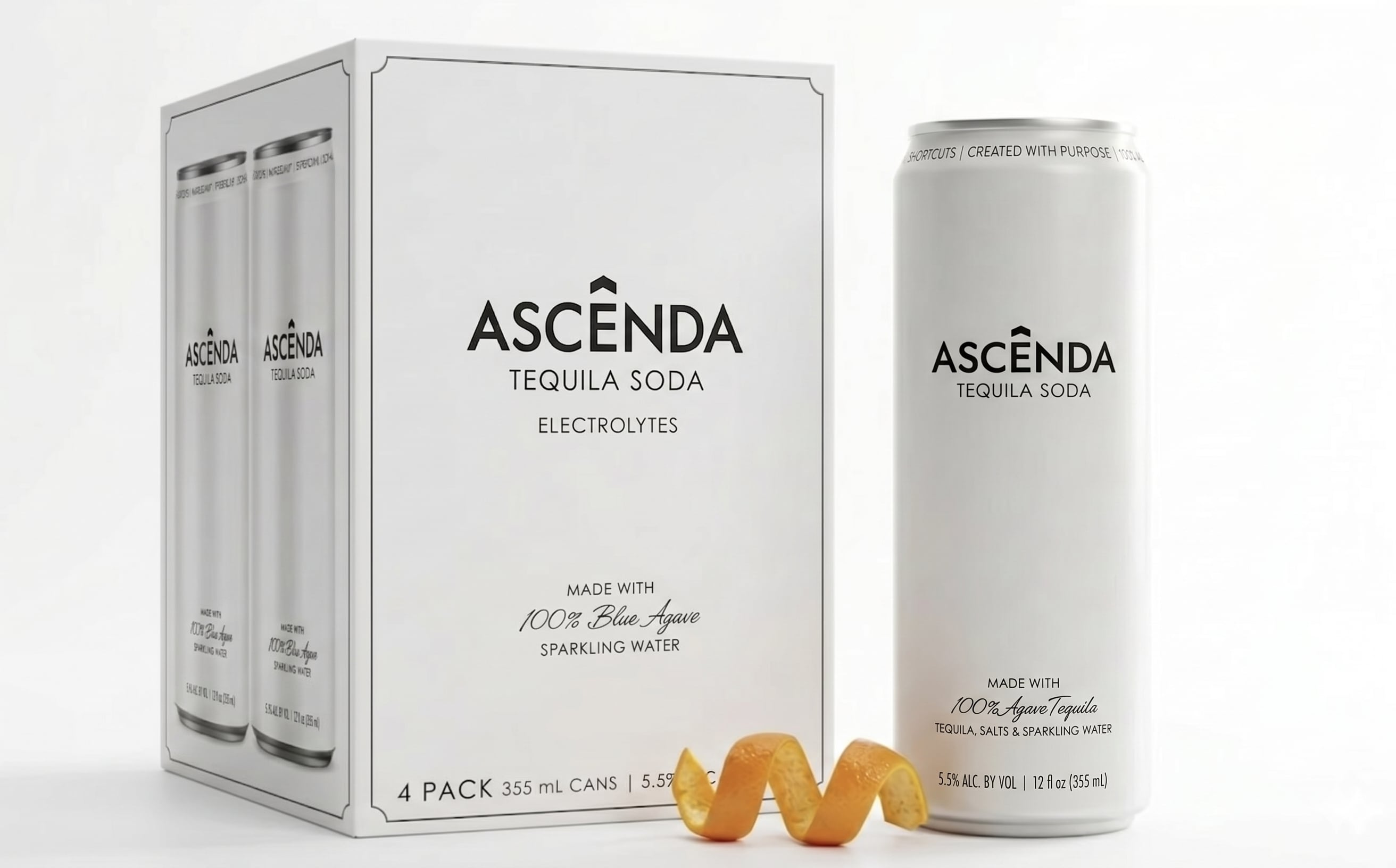 Ascênda Tequila bottle and tequila soda RTD cans.