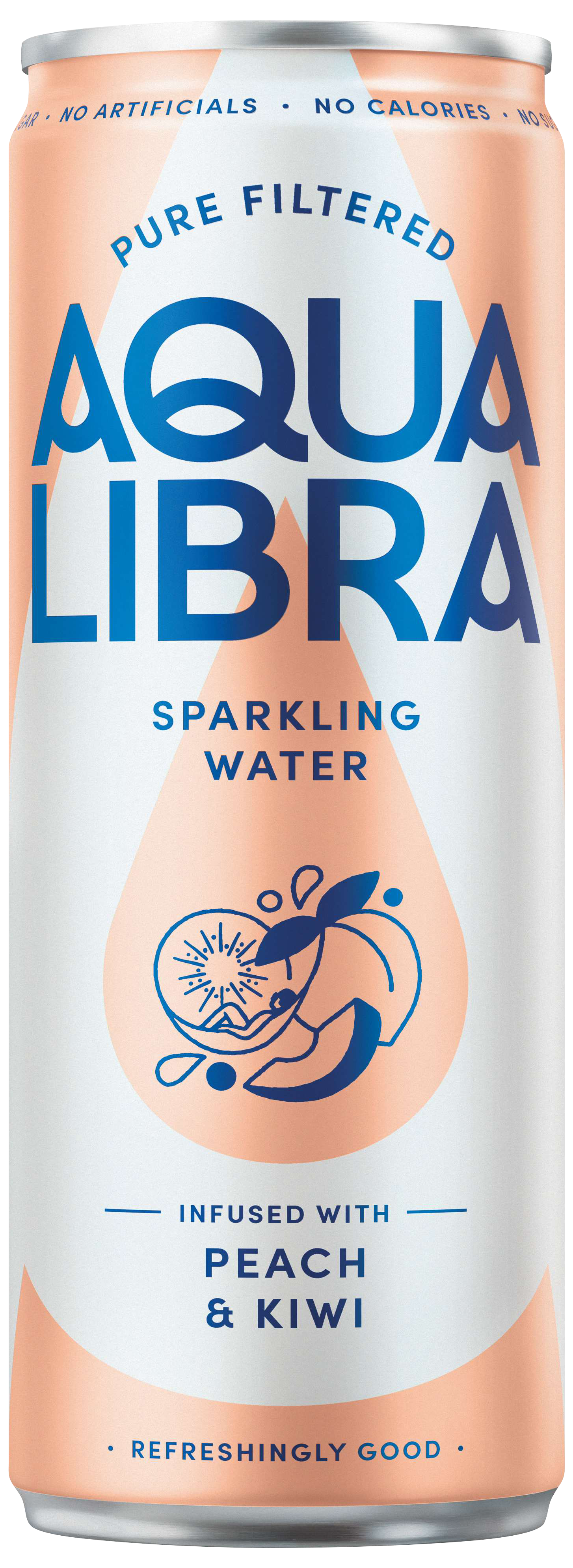 Aqua Libra Peach & Kiwi flavoured sparkling water cans.