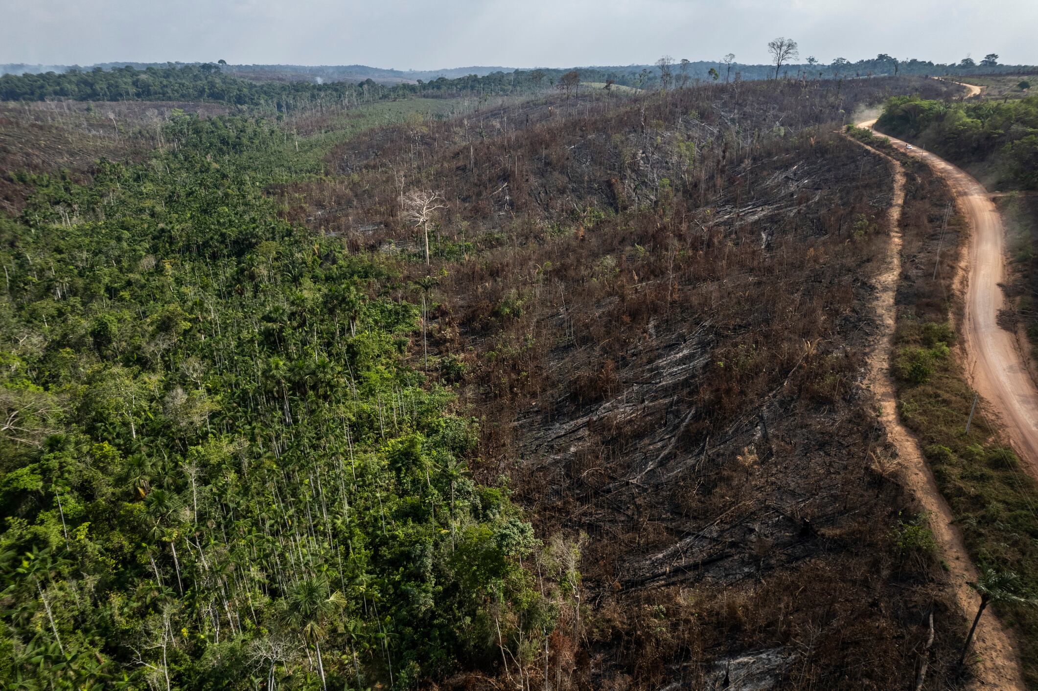 Deforestation and burning on rural properties in the Amazon rainforest. Forest fires on the banks of the Transamazonica Highway.