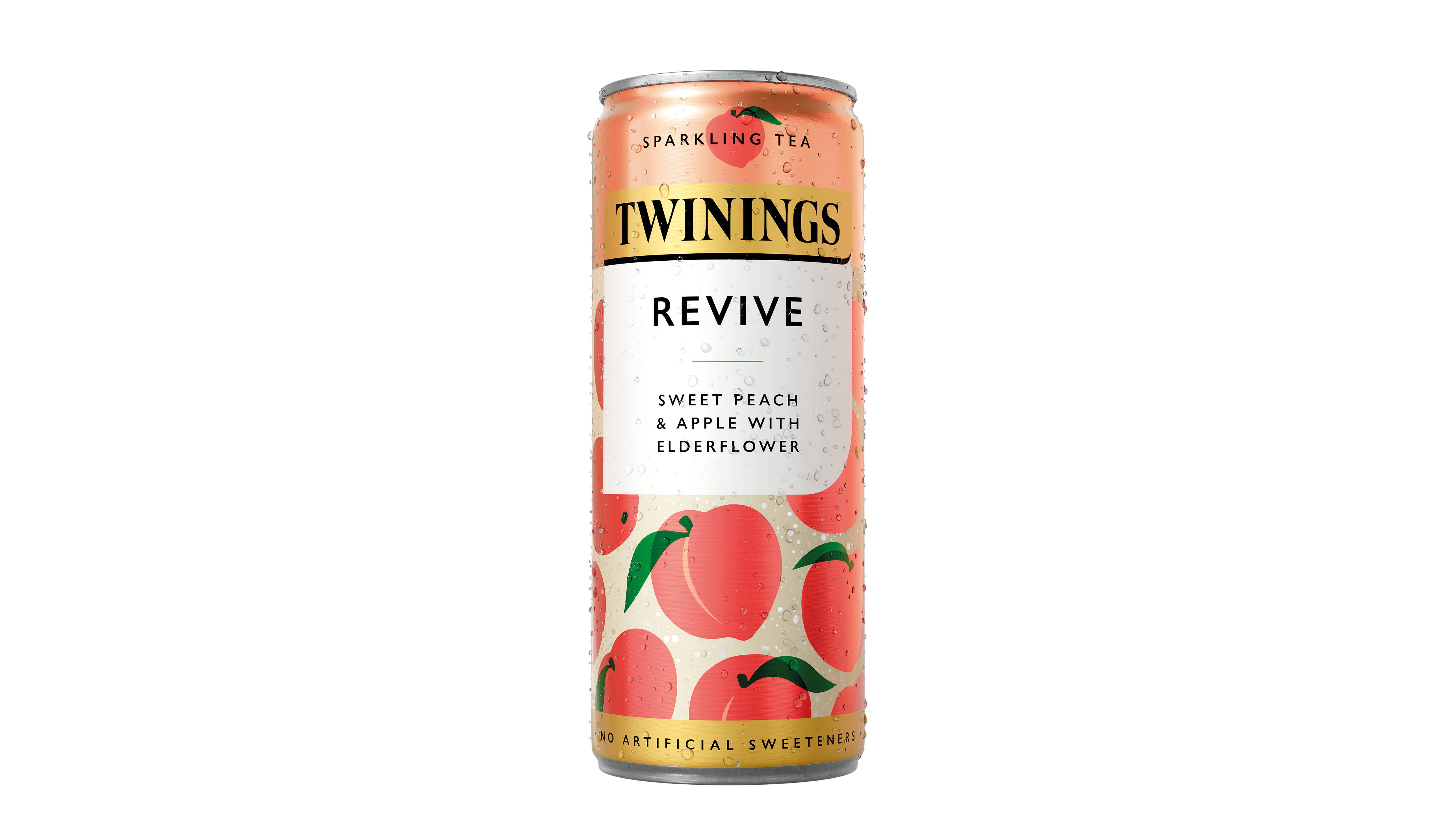 Can of Twinings Revive Sparkling Tea with peach and elderflower imagery.
