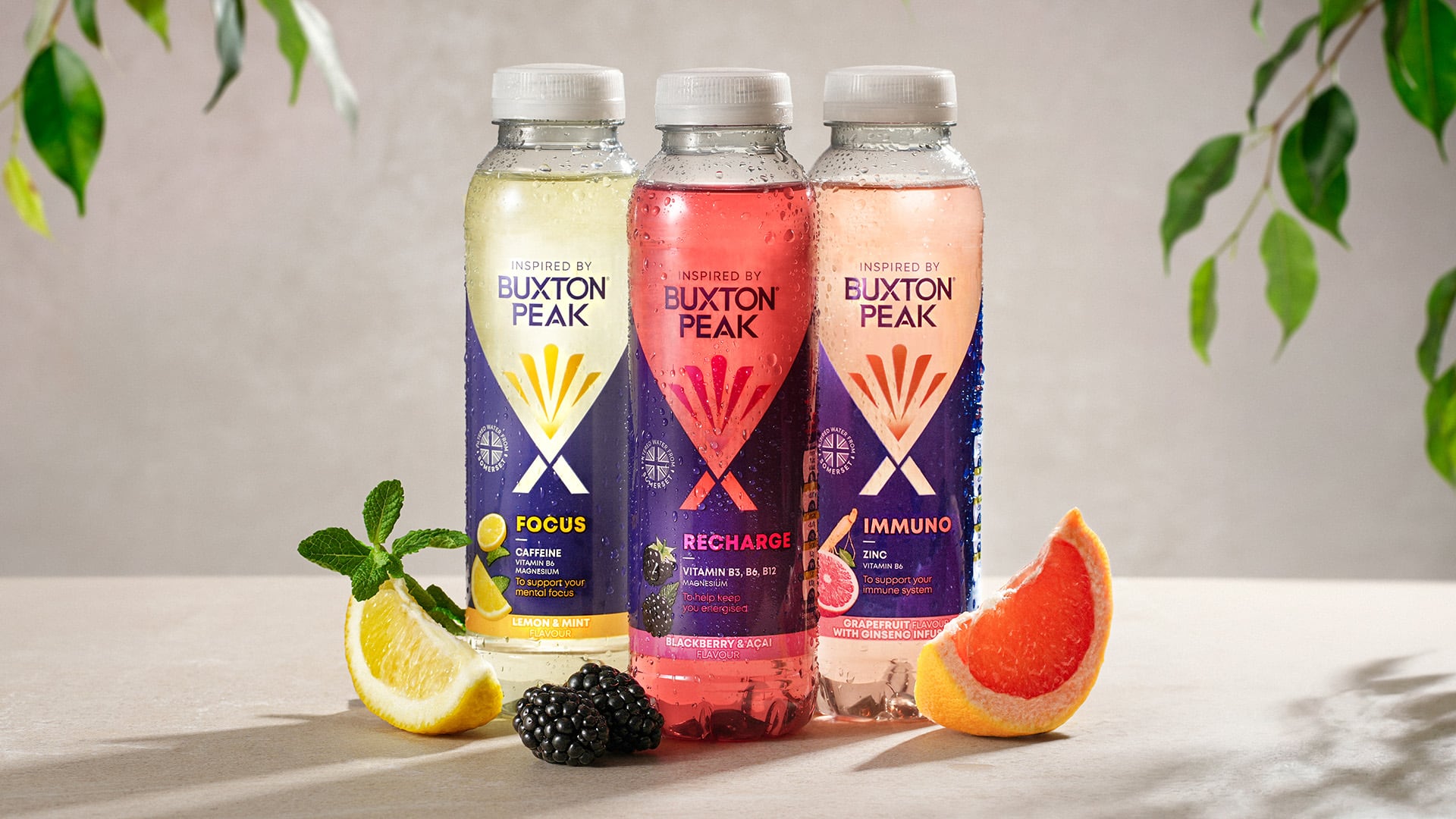 Inspired by Buxton Peak functional flavoured water bottles.