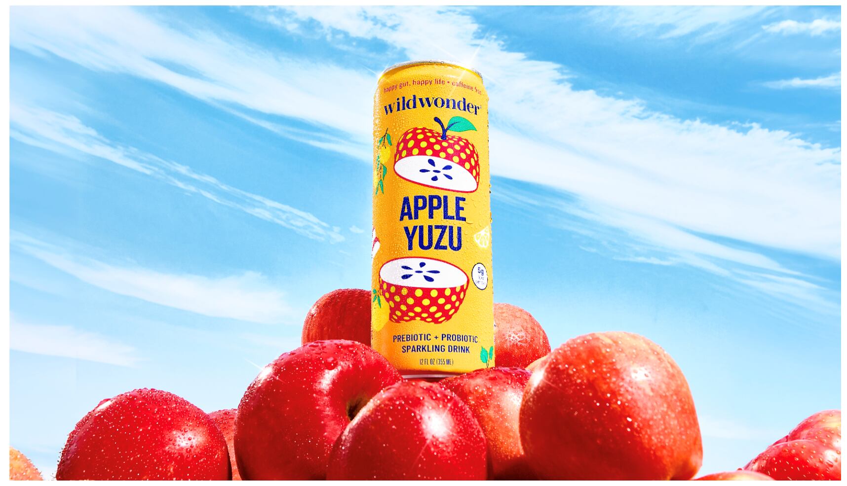 Wildwonder Apple Yuzu prebiotic and probiotic sparkling beverage.