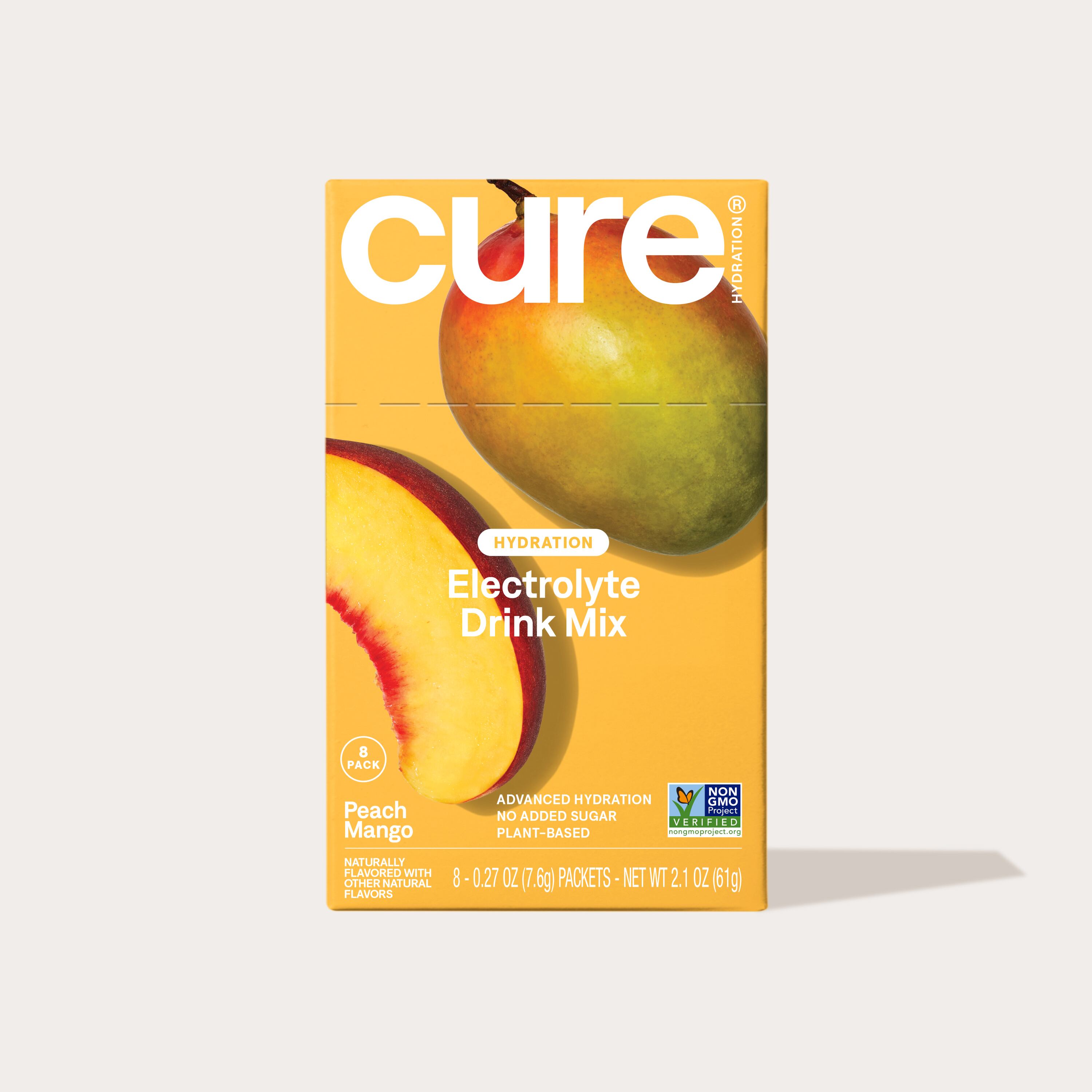 Stick pack or pouch of Cure Peach Mango electrolyte mix.