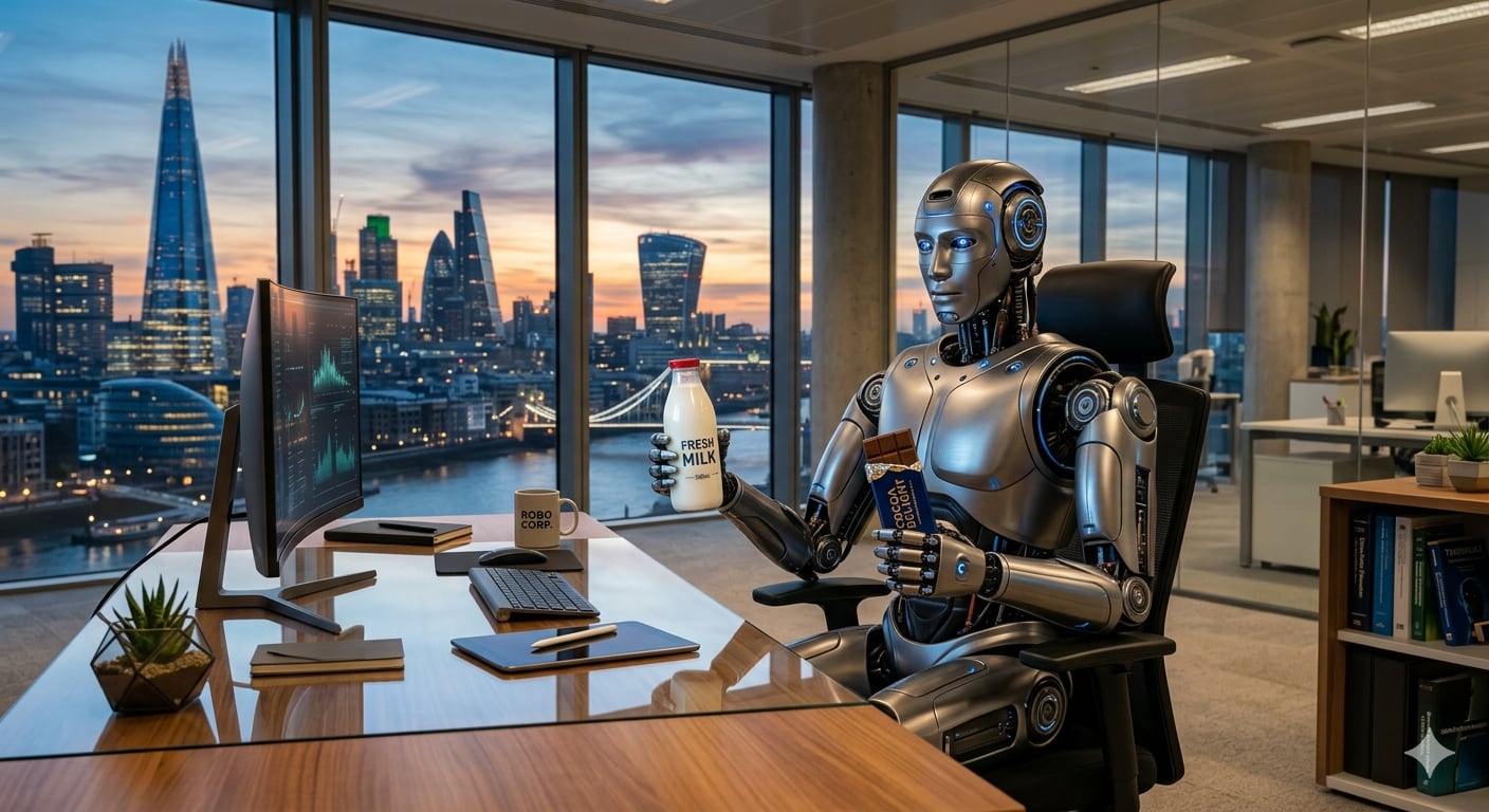 Robot in an office in London looking at milk and chocolate