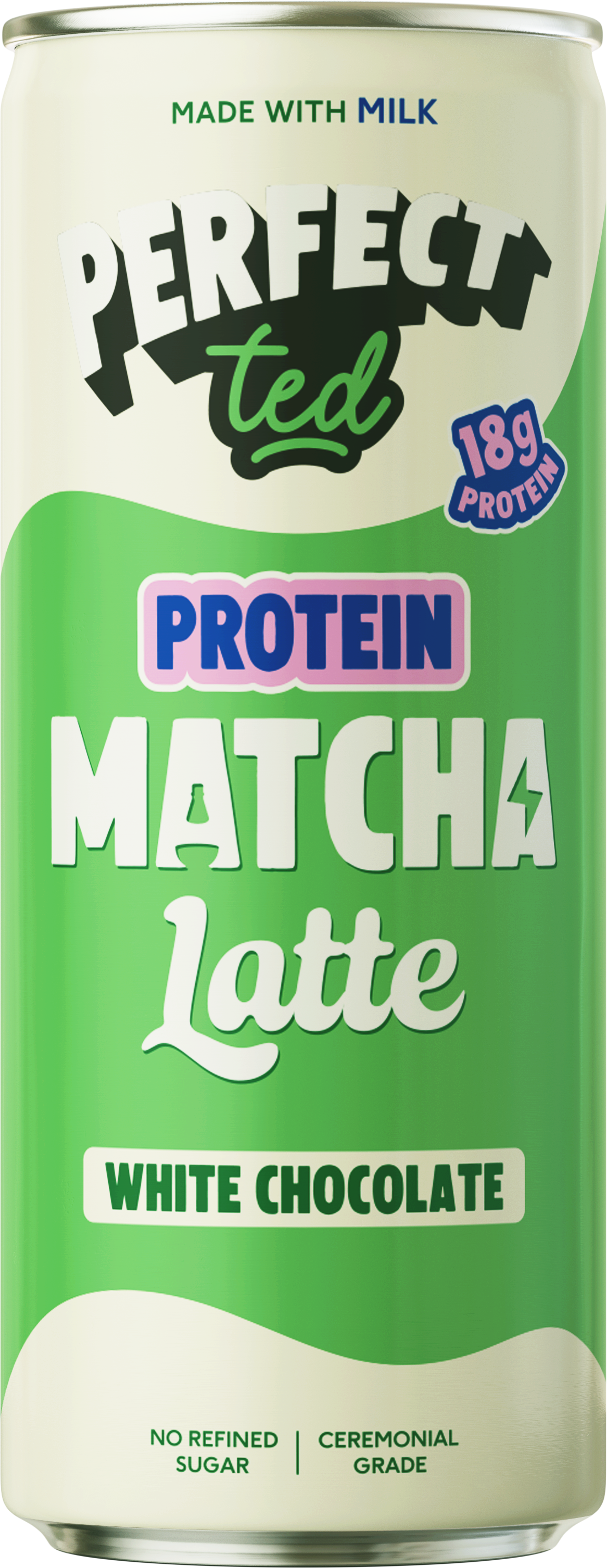 PerfectTed Protein White Chocolate Matcha Latte can.