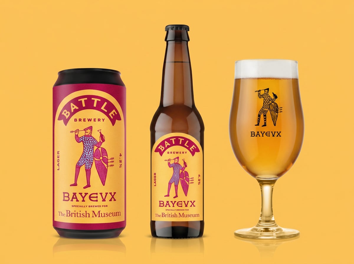 Bottle and packaging design for Battle Brewery's limited-edition Bayeux Lager developed for the British Museum.
