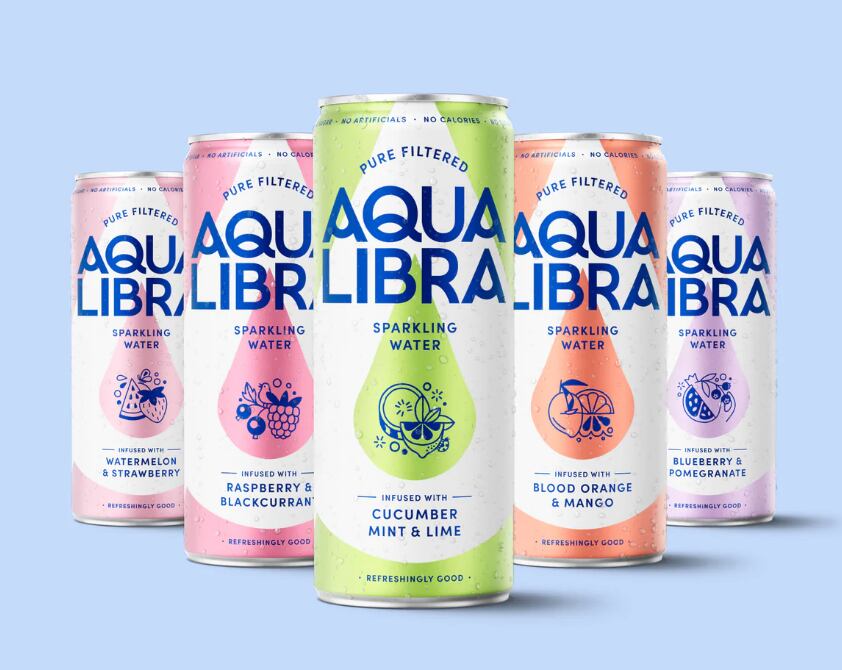 Aqua Libra sparkling and still water cans in assorted fruit-infused flavours.