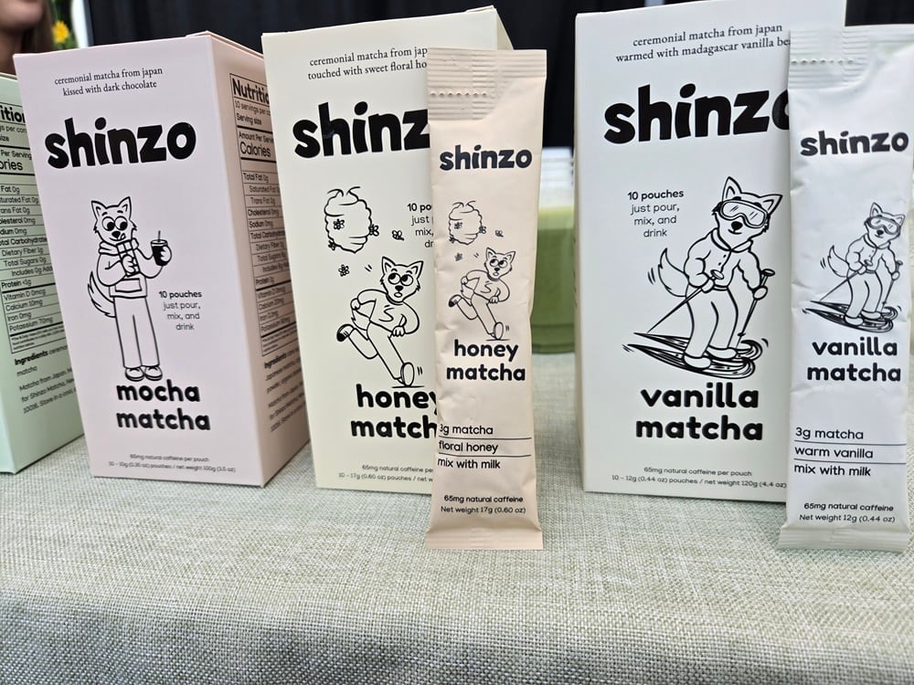 Shinzo Matcha offers flavored single-serve matcha stick packs as well as sparkling matcha sodas, part of the brand’s effort to make matcha more convenient and accessible. (Image: E Crawford)