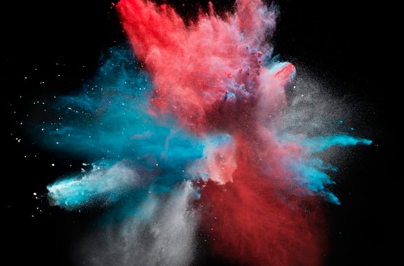 Powder explosion, high speed Photography, photographed on black backdrop, red, blue, white
