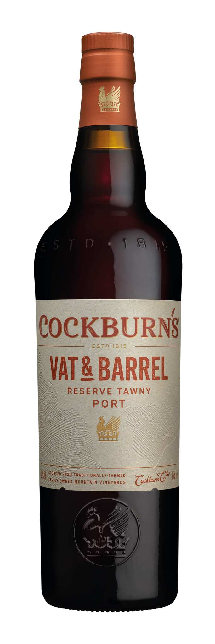 Glass and bottle of Cockburn’s Vat and Barrel Reserve Tawny Port served chilled