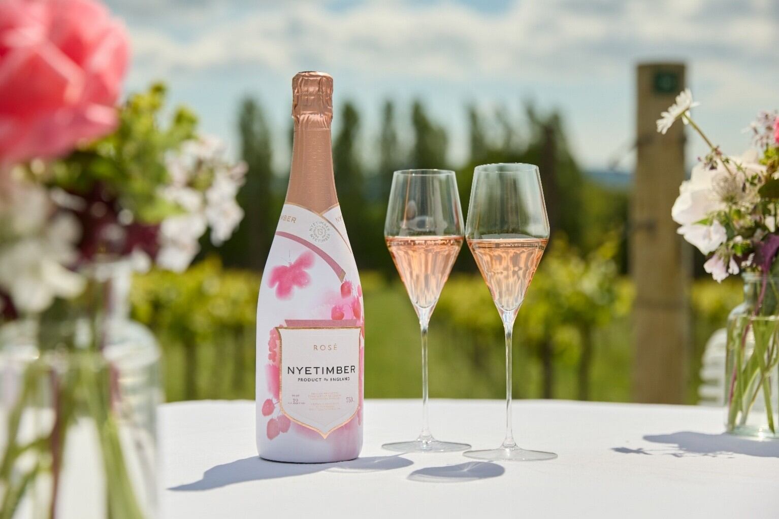 Limited-edition Nyetimber Rosé sparkling wine bottle with summer-themed design.