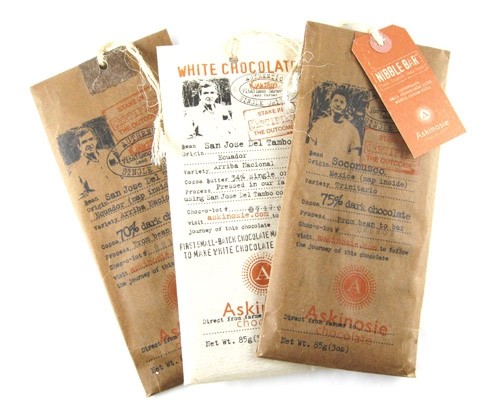 Planet-friendly chocolatier Askinoise underscores its message with paper-based packaging.