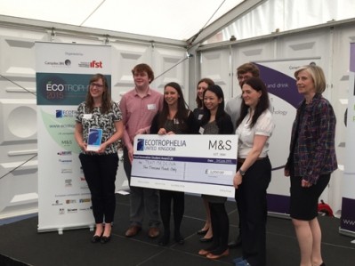 Members of the Ecotrophelia winning team, Medeina Bites, received their prize from M&S's head of food technology Sue Bell