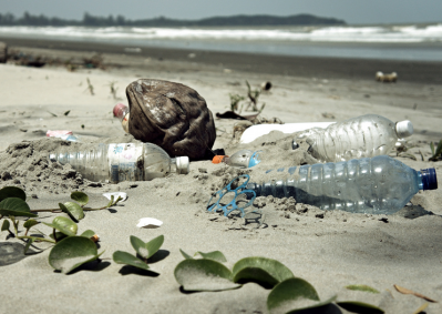 Waste PET bottles on a beach in Malaysia (Picture Credit: epSos.de)