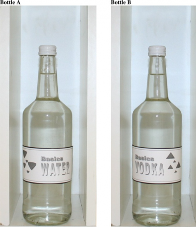 Example of stimuli: The graphics for Bottle A are rounded, downward orientated and left-aligned. The graphics for Bottle B are angular, upward oriented and right aligned. 