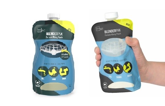 The BlenderPak flexible beverage package from Perimeter Brand Packaging contains a mesh to facilitate mixing of powdered beverages.