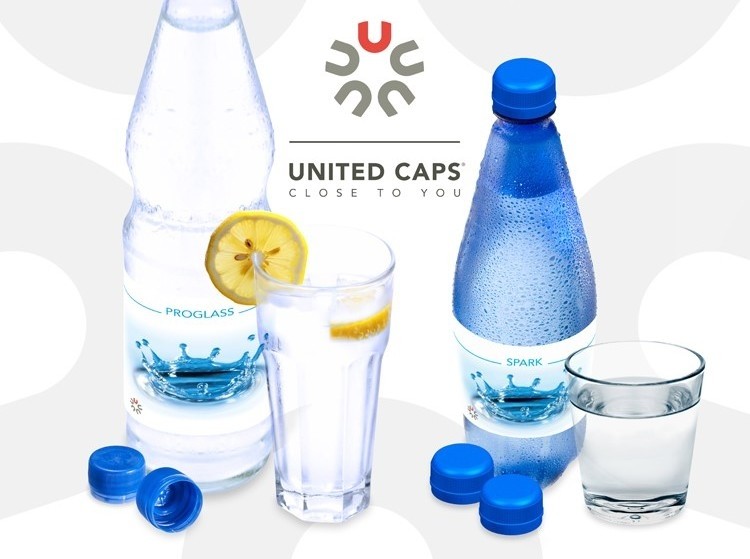 United Caps light weight 28 mm screw closures for re-usable glass bottles and disposable PET bottles.