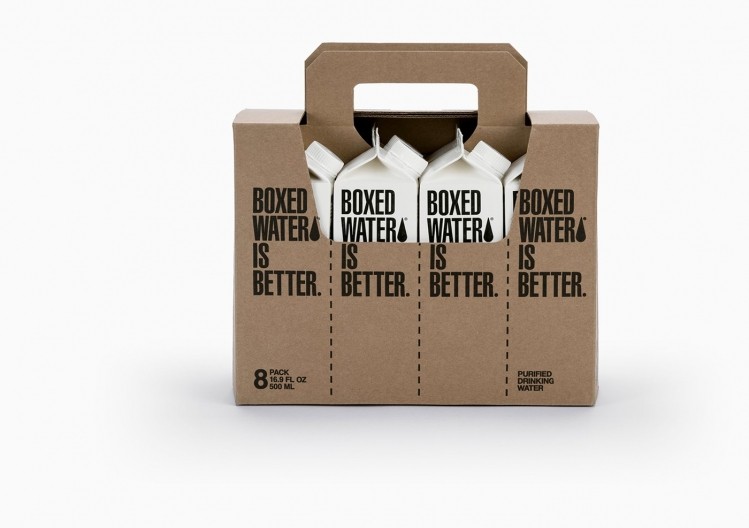 Boxed Water packages purified water into flat-packed cartons made of 100% recycled materials. Picture: Boxed Water.