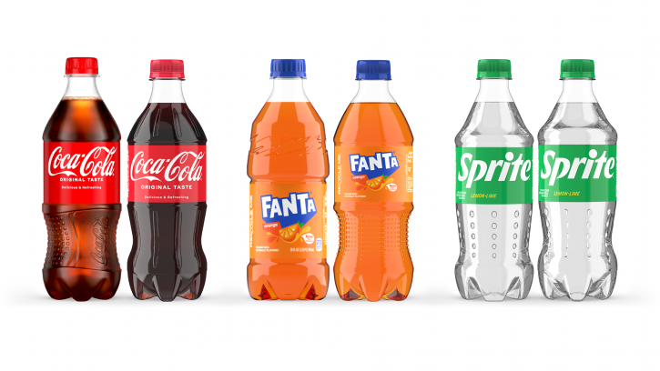 20oz packaging formats for Coca-Cola, Fanta and Sprite - with the old version on the left and new on the right. Pic: Coca-Cola