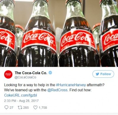 Coca-Cola consumers can donate to Hurricane Harvey relief efforts. Picture: Coca-Cola.
