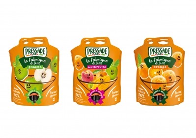 Pressage will launch three Pouch-Up packaging for orange, apple and multifruit juice drinks.