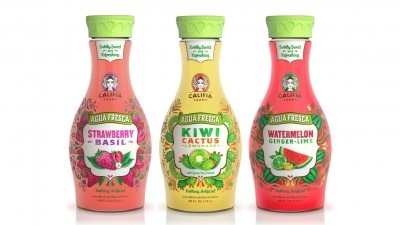 Agua frescas from Califia Farms are poured into curvy bottles, with labels reflecting the products' Mexican heritage.